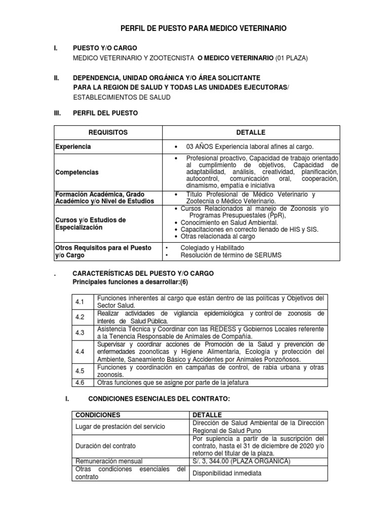 Perfil de Puesto - Medico Veterinario | PDF | Medicina Veterinaria ...
