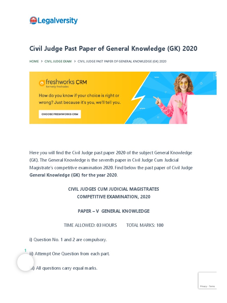 Civil Judge Past Paper of General Knowledge (GK) 2020 - Legalversity ...