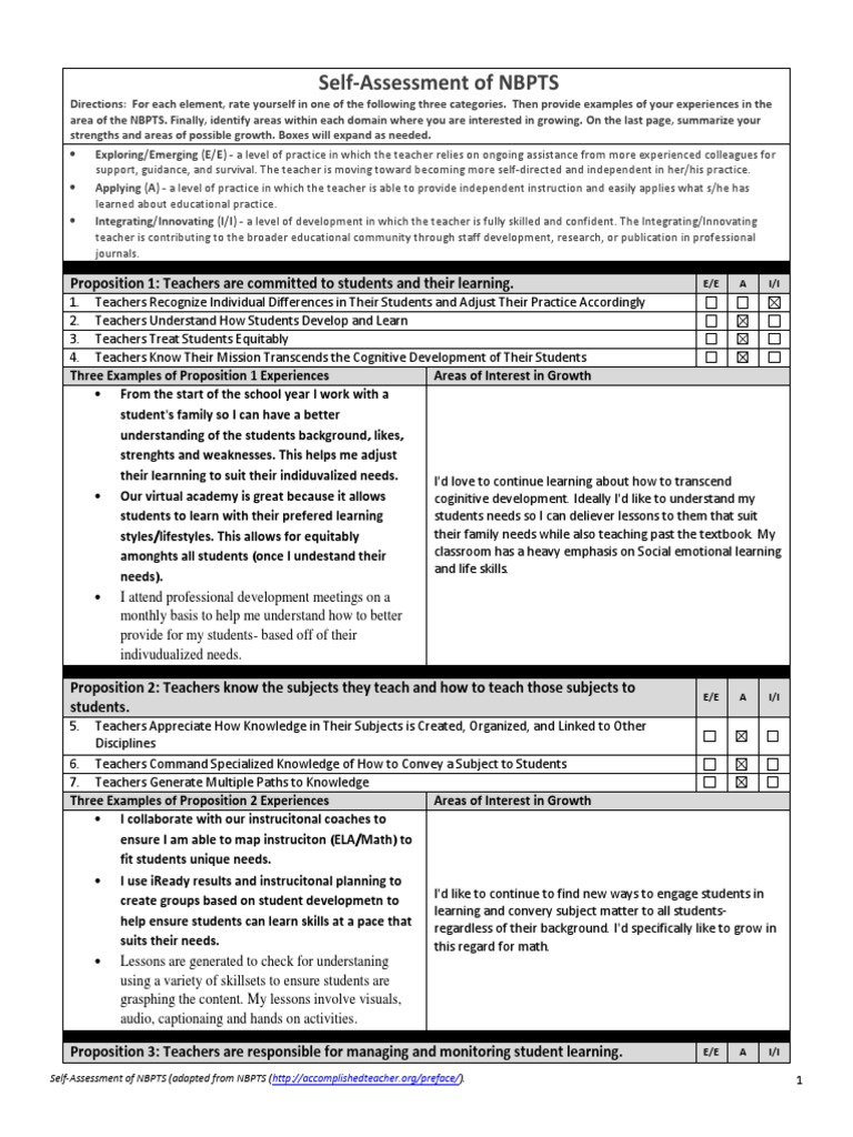Foley Nbptsselfassessment | PDF | Teachers | Learning