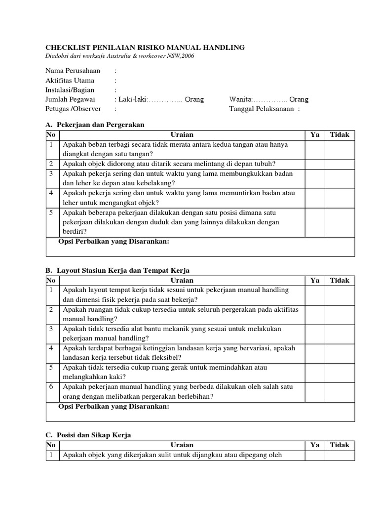 Check List Manual Handling | PDF