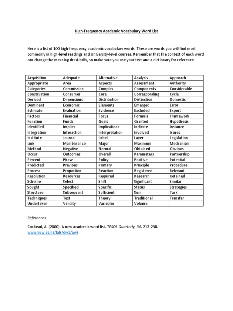 High Frequency Academic Vocabulary Word List PDF Vocabulary Cognition