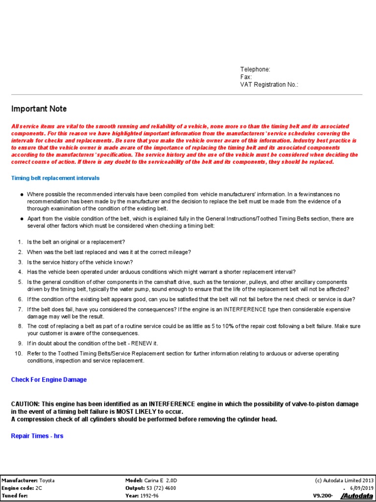 Important Note Timing Belt Replacement Intervals PDF Belt