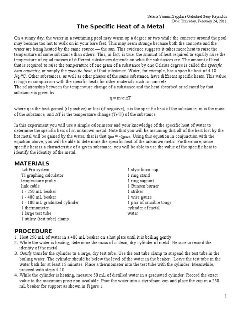 Determining Metal's Specific Heat Capacity | PDF | Heat | Matter