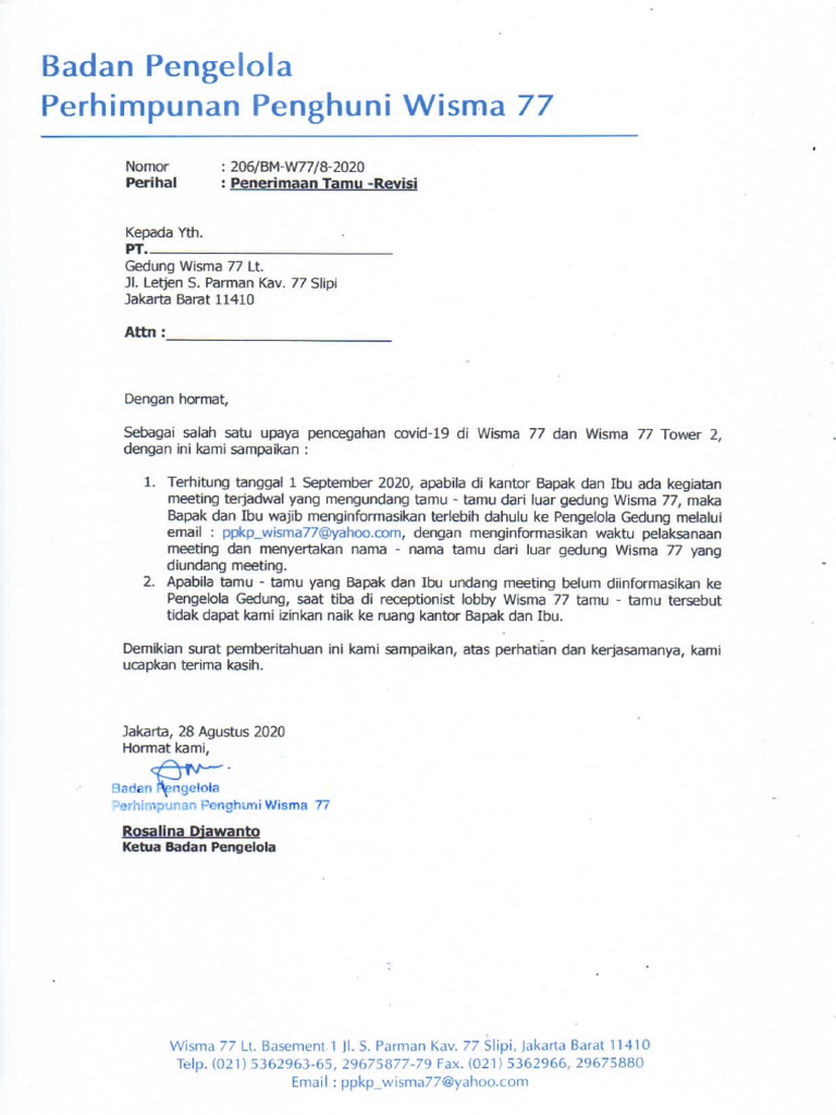 Surat Tenant Wisma 77 Perihal Penerimaan Tamu - REVISI 961 | PDF