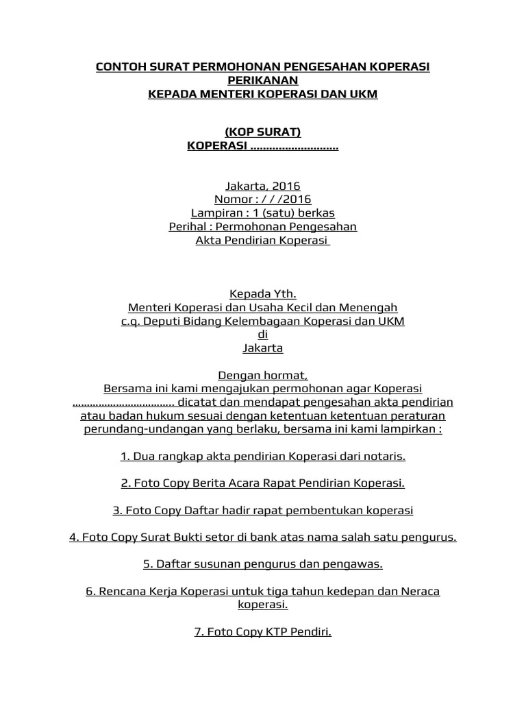 Contoh Surat Permohonan Pengesahan Koperasi Perikanan