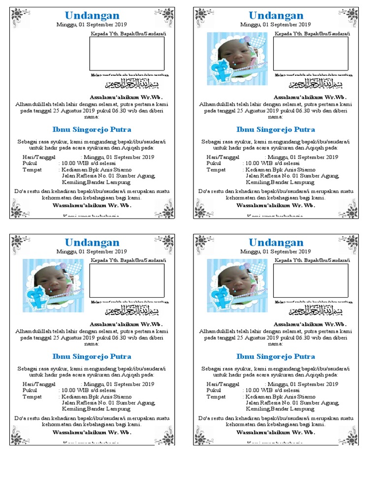 Contoh Undangan Aqiqah Simpel Kertas A4 Dibagi 4 | PDF