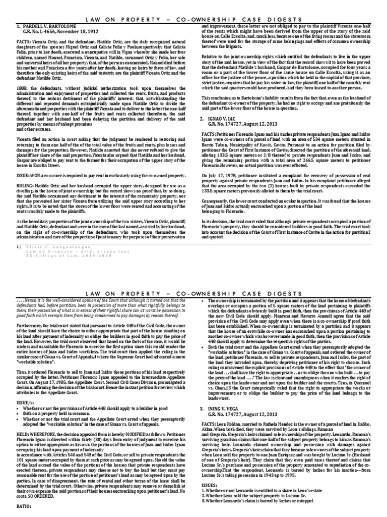 Co-Ownership Property Law Case Digests | PDF | Concurrent Estate | Deed