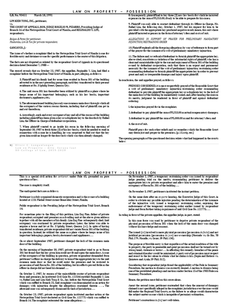 Property Cases On Possession PDF Lawsuit Complaint