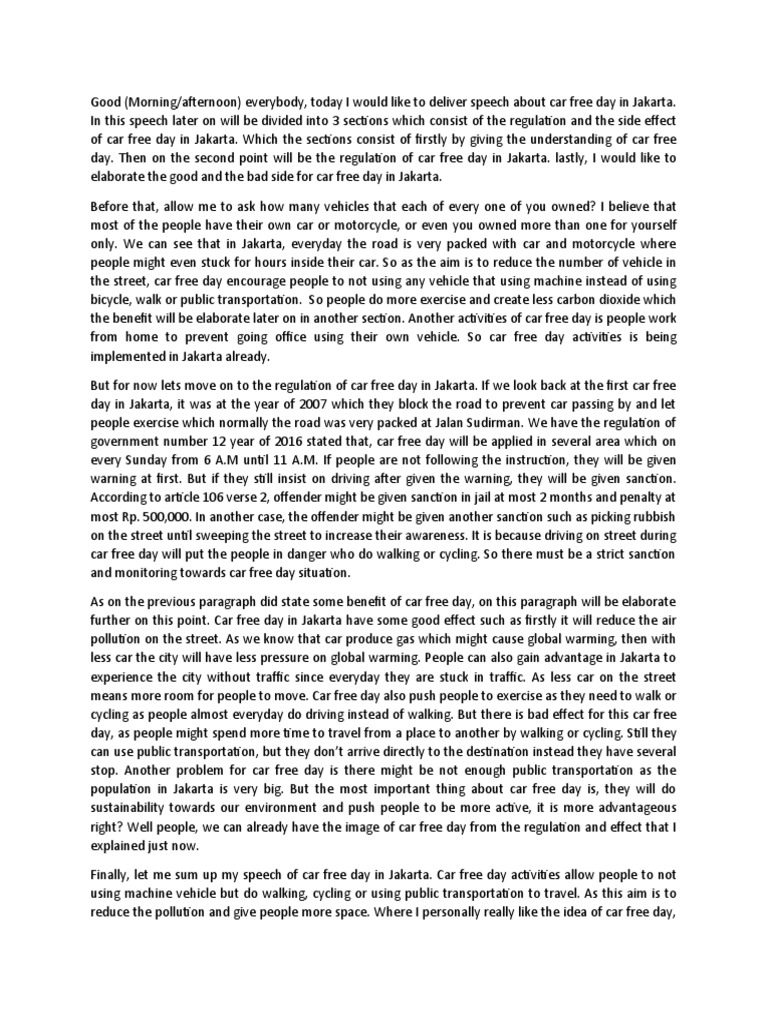 Car Free Day Speech PDF Car Land Transport