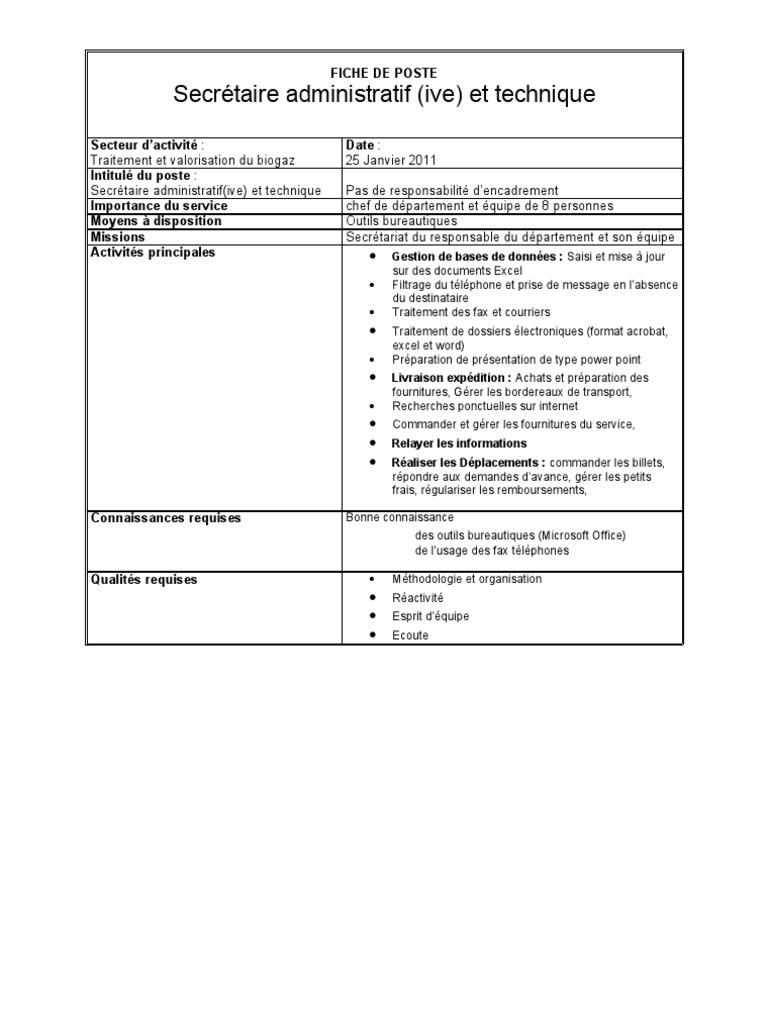 Fiche de Poste Secretaire | PDF | Microsoft Excel | Informatique