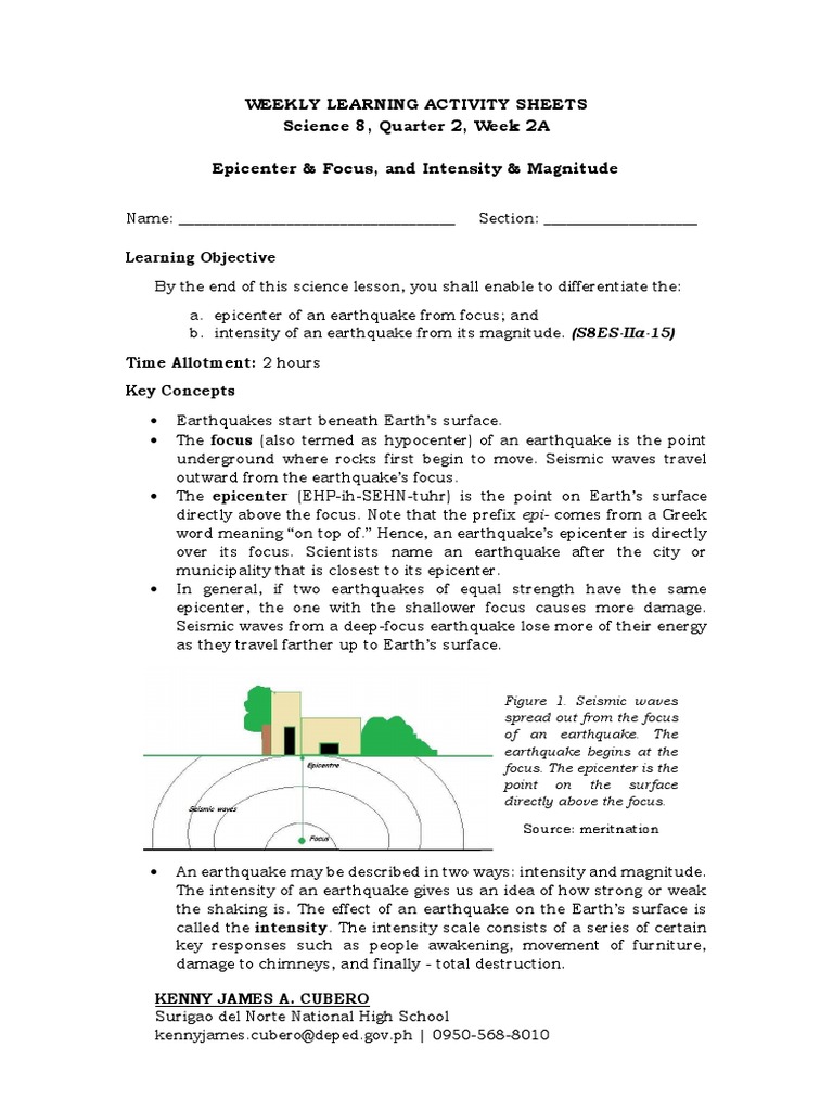 Weekly Learning Activity Sheets Science 8, Quarter 2, Week 2A Epicenter ...