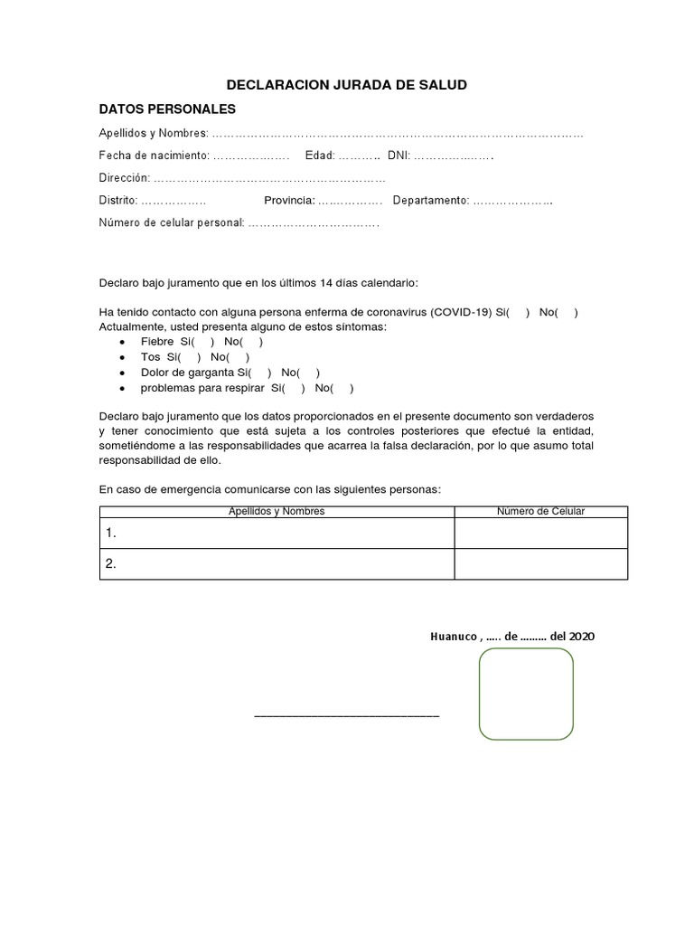 Declaracion Jurada de Salud | PDF