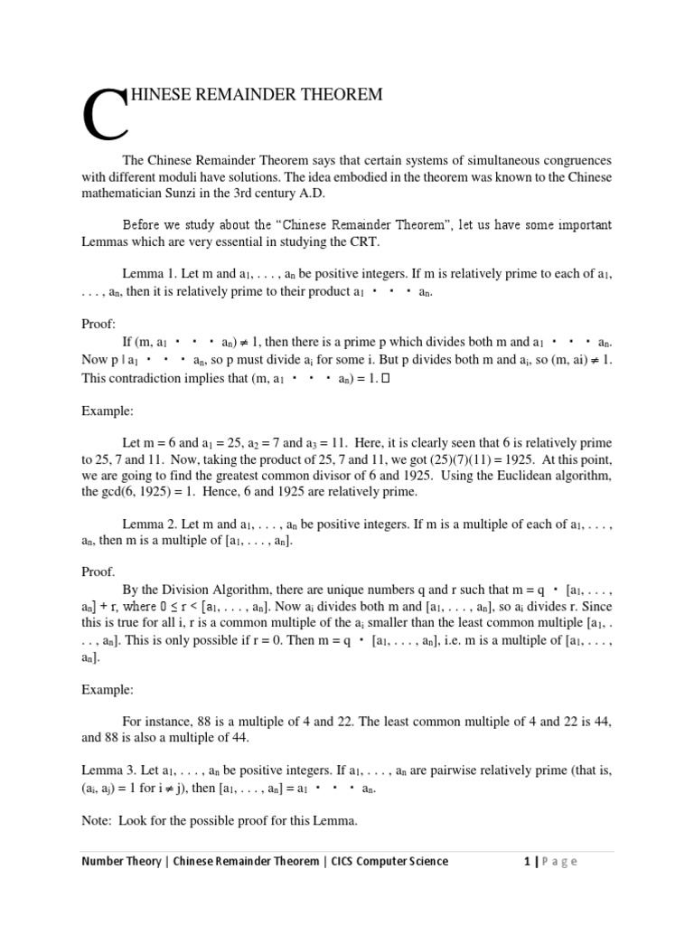 Chinese Remainder Theorem Explained | PDF | Numbers | Algebra