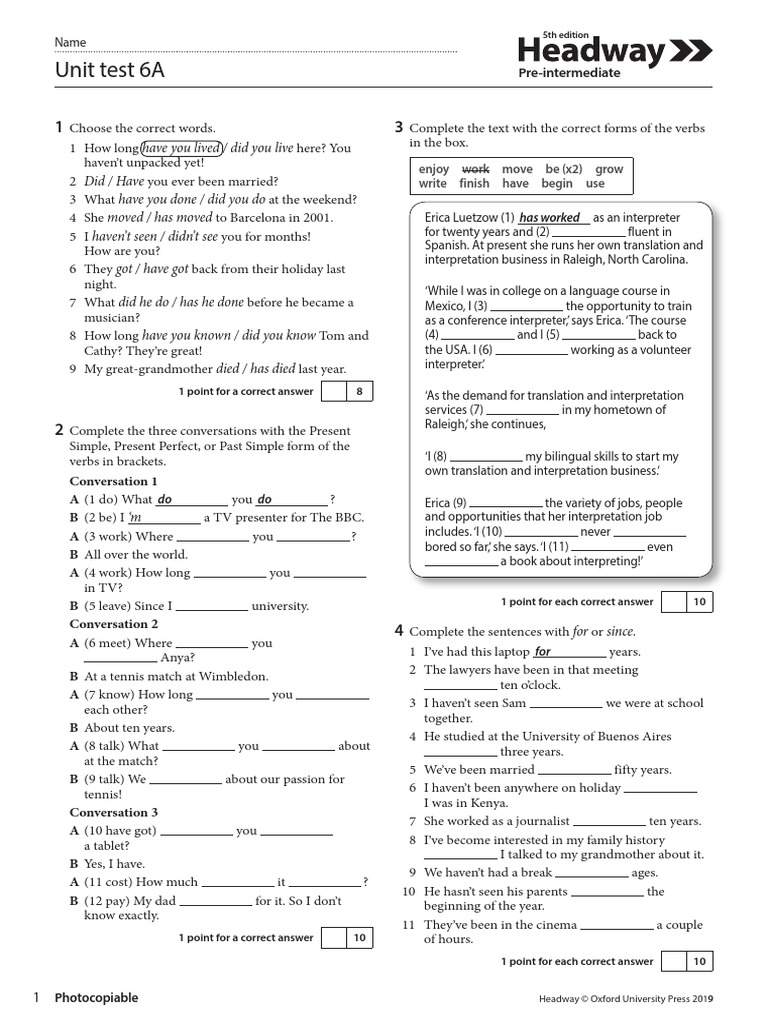 Language Test 6a Unit 6