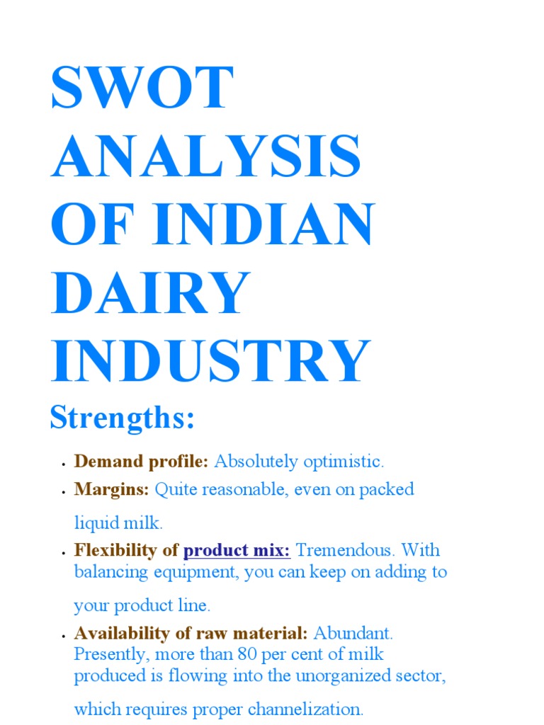 SWOT ANALYSIS OF INDIAN DAIRY INDUSTRY Milk Entrepreneurship