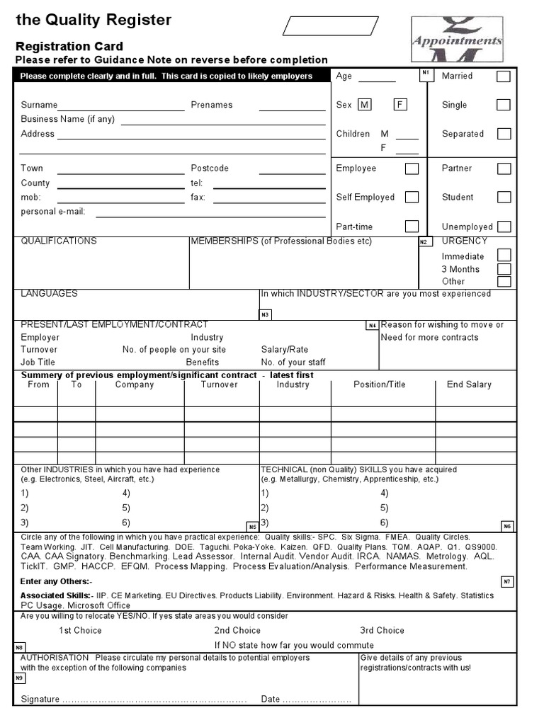 Quality Register Registration Card | PDF | Employment | Economies