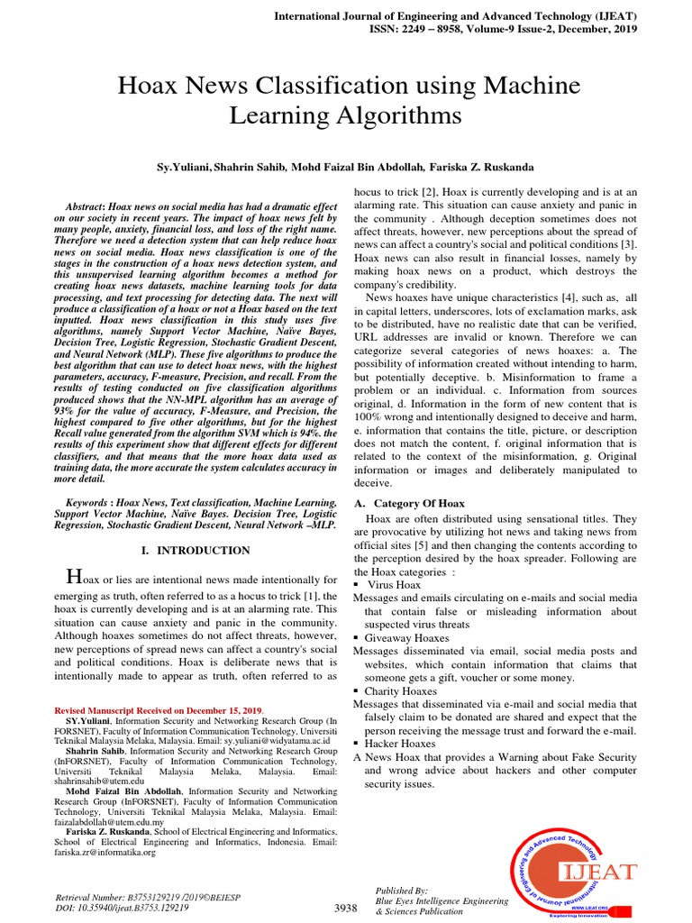 Hoax News Classification Using Machine Learning Algorithms: B3753129219 ...