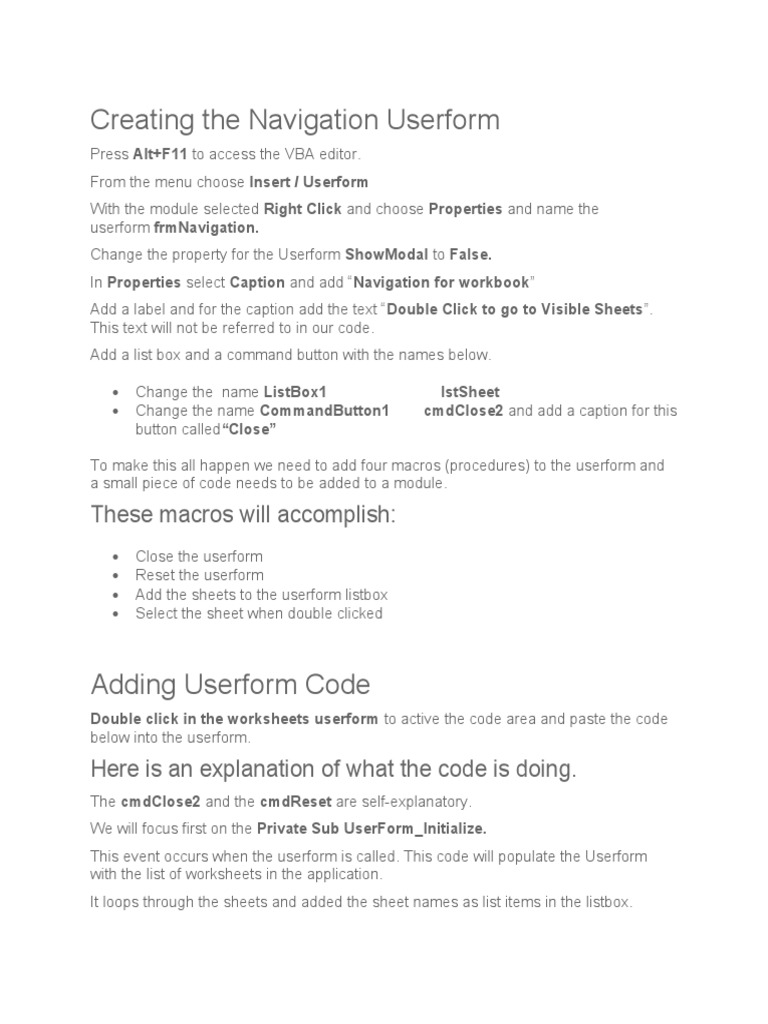 VBA Userform Navigation Setup Guide | PDF | Control Flow | Visual Basic ...