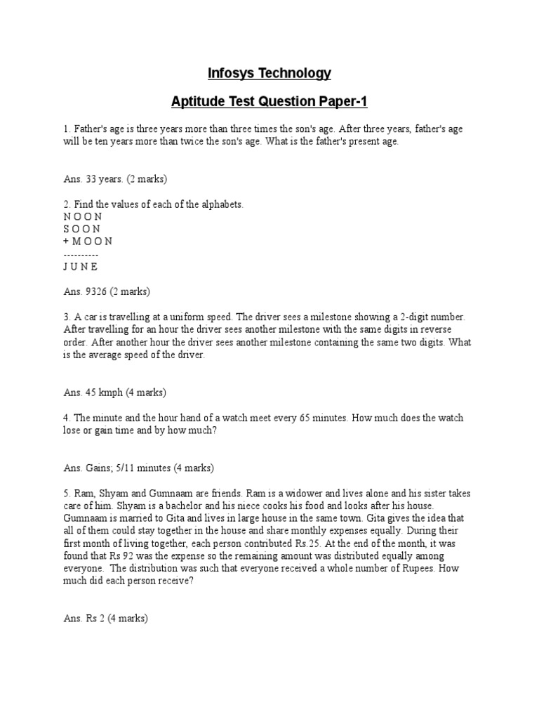 Infosys technology aptitude test question paper 1 pdf teaching