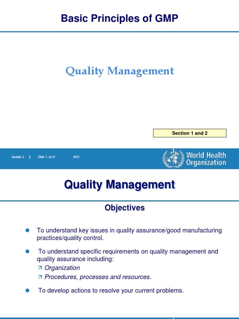 Basic Principles of GMP - Quality Management (WHO Training) | Download ...