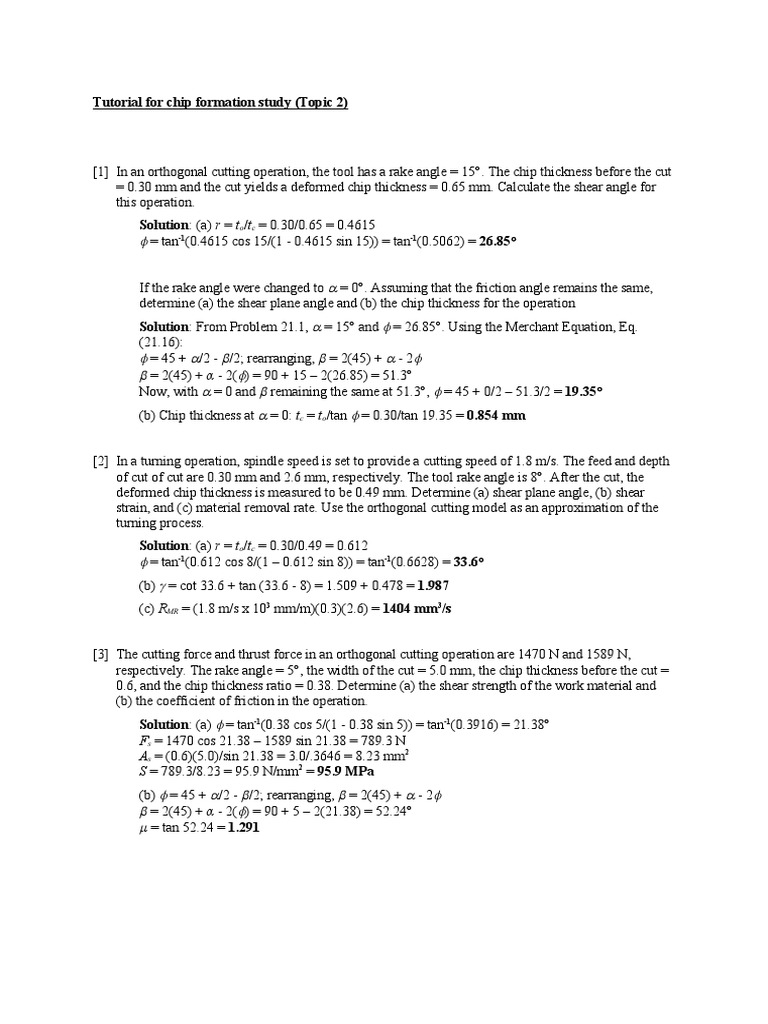 Chip Thickness and Shear Angle in Cutting | PDF | Mechanical ...
