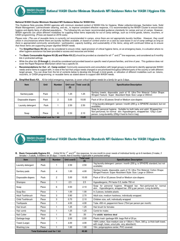 National WASH Cluster Minimum Standards NFI Guidance Notes For WASH