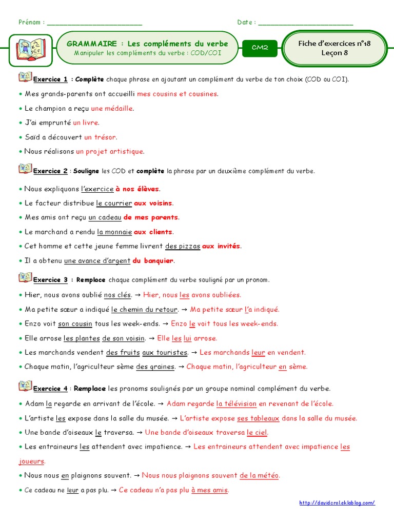 évaluation Grammaire Cm2 Avec Correction Pdf Fiche 18 Les Complements Du Verbe COD COI Correction | PDF