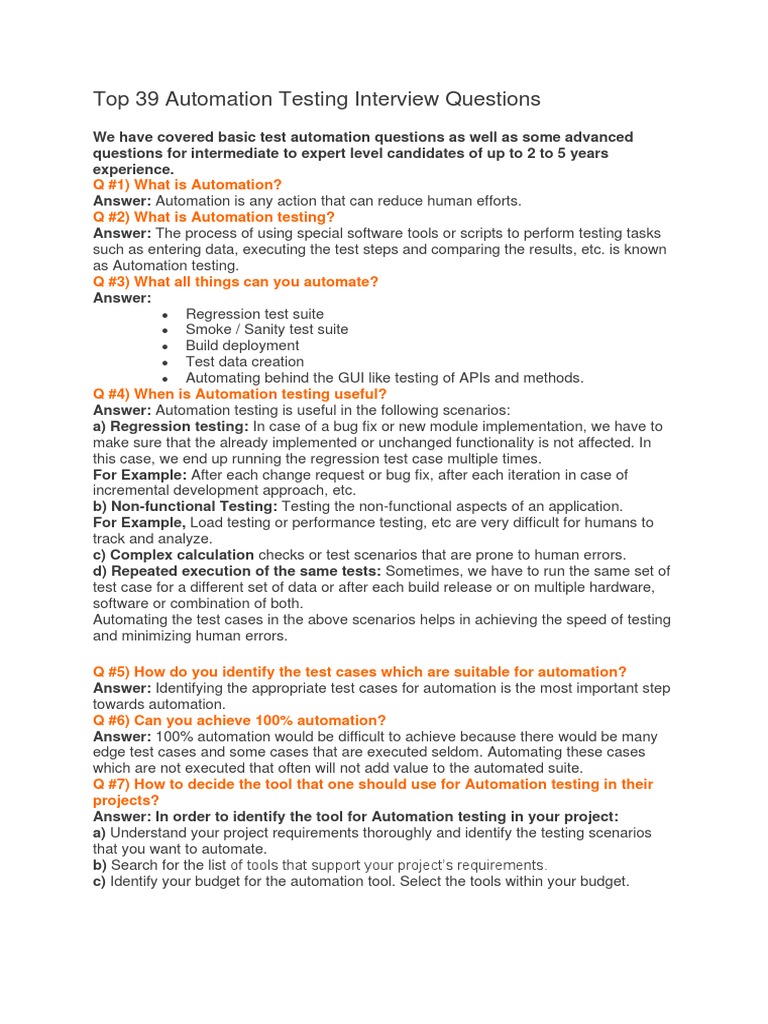 Automation Testing Interview Questions PDF Software Testing Selenium (Software)