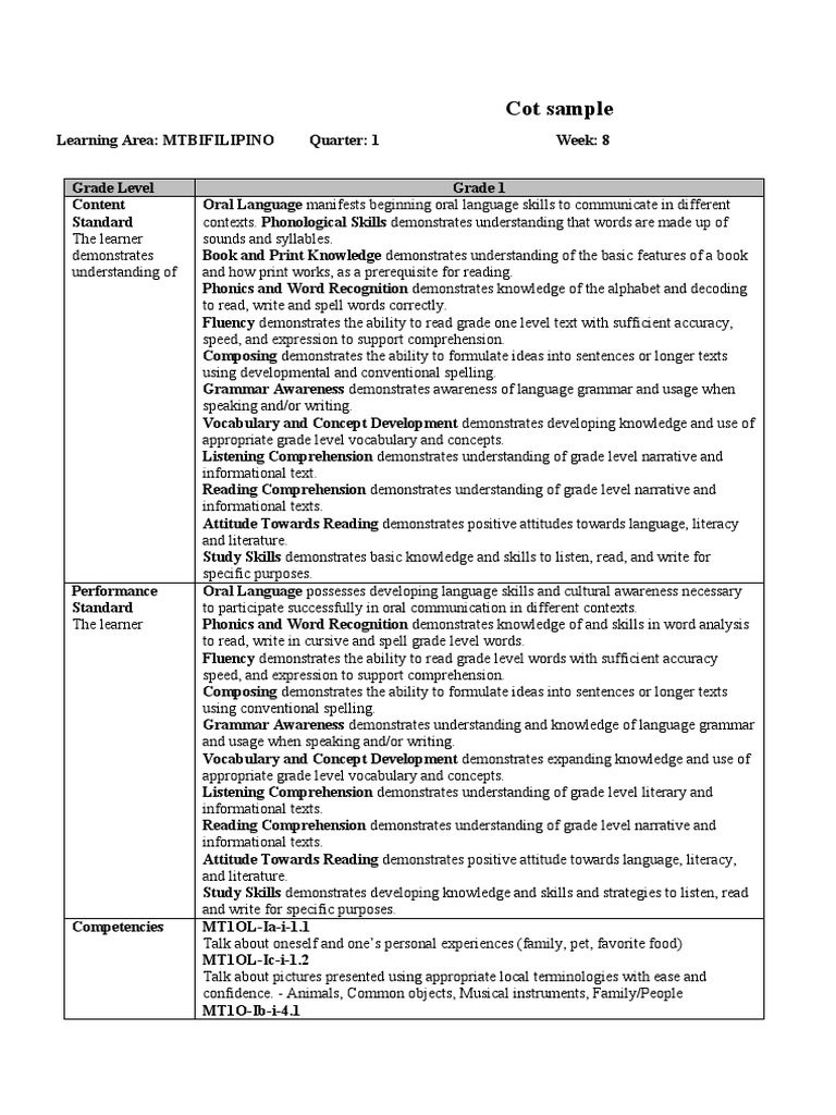 Grade 1 Literacy and Language Skills | PDF | Phonics | Reading ...