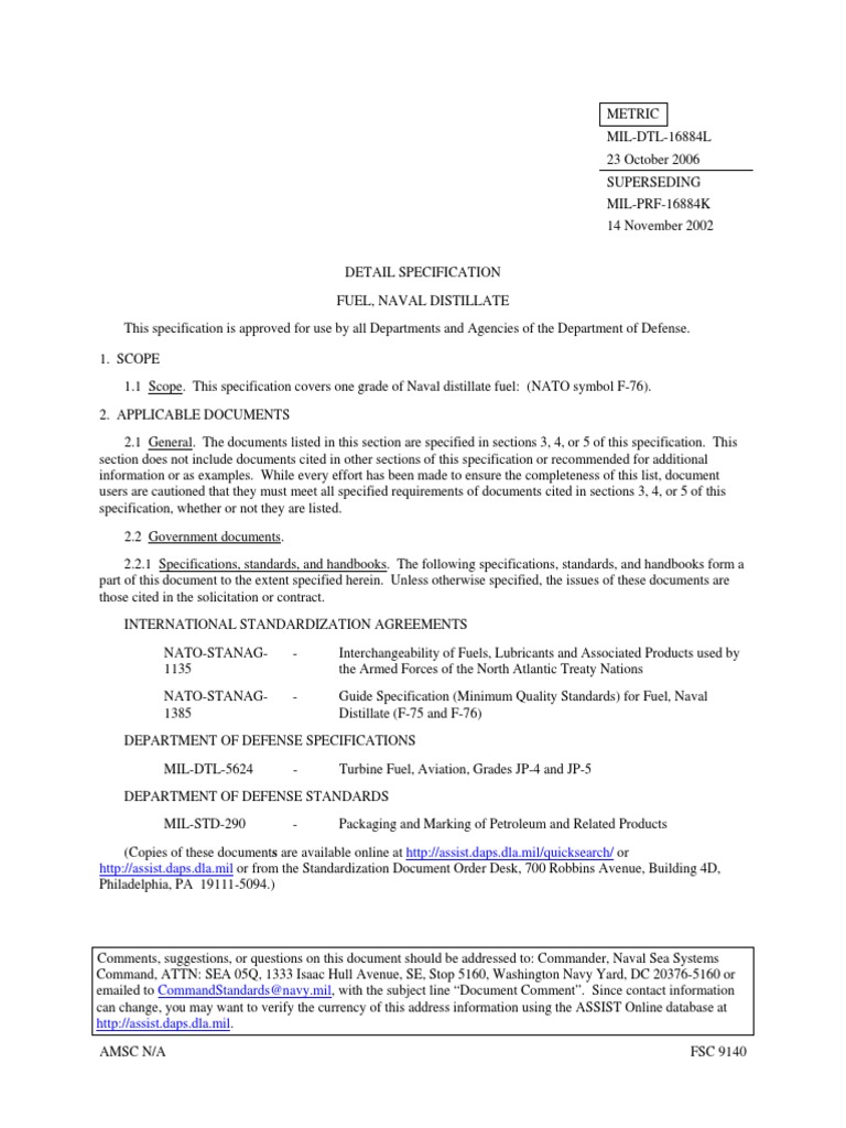 Specification for Naval Distillate Fuel Grade F-76: Requirements, Test ...