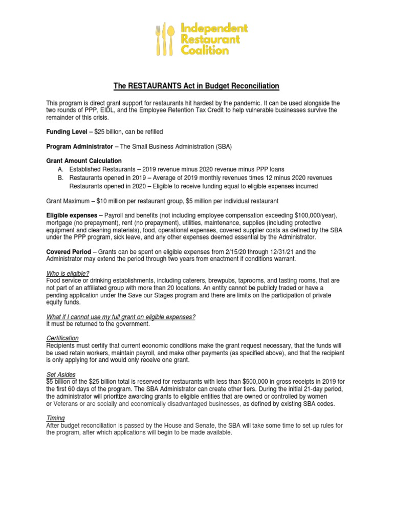 The RESTAURANTS Act in Budget Reconciliation | PDF | Government 