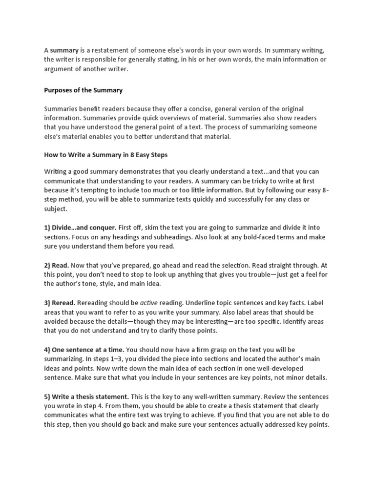 Steps To Writing A Summary  PDF  Writers  Writing