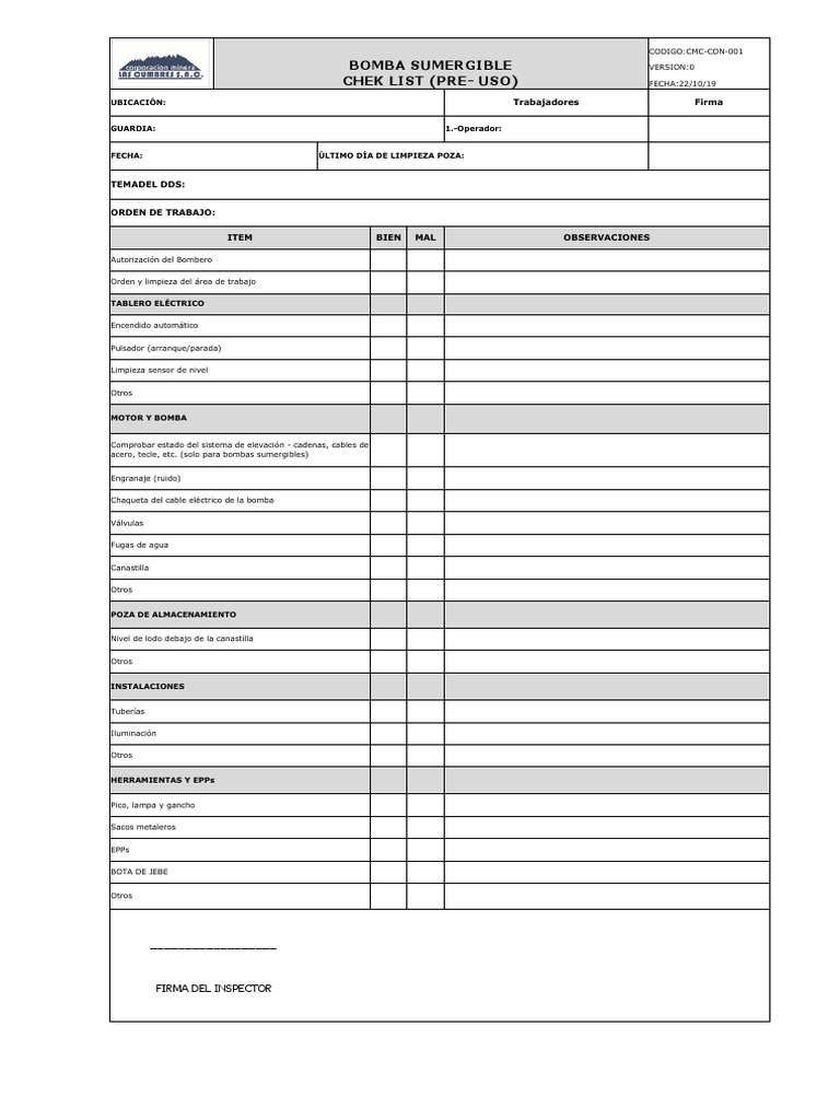 Checklist de Bomba Sumergible | PDF | Bienes manufacturados | Naturaleza