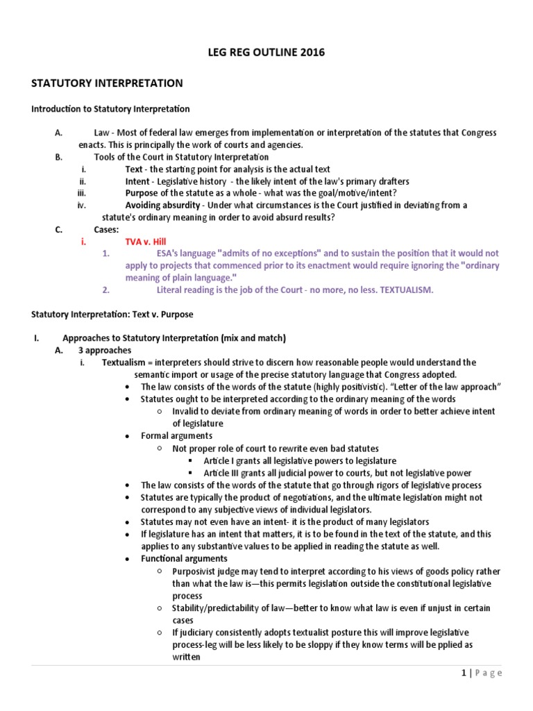 Leg Reg Outline 2016 Statutory Interpretation: I. TVA v. Hill | PDF ...
