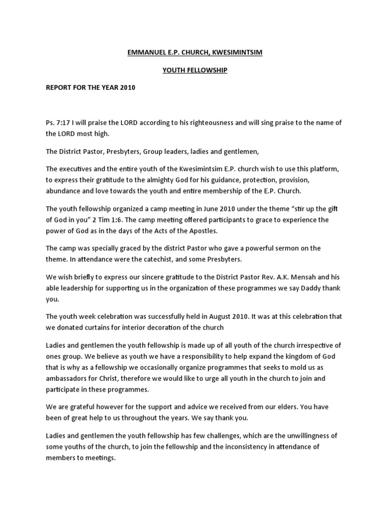 2010 Youth Fellowship Report: E.P. Church | PDF | Gratitude | Christian ...