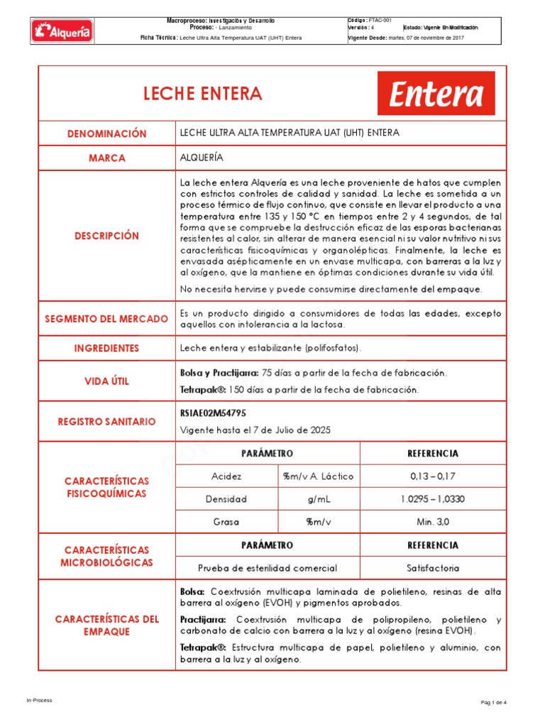 Ficha Tecnica Leche Alqueria Entera PDF Leche Nutrición