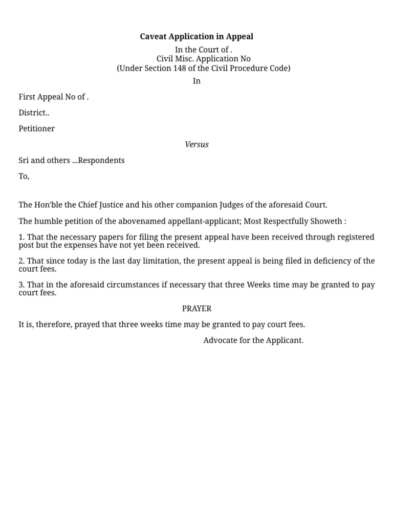 Caveat Application for Appeal Fees Extension | PDF | Law
