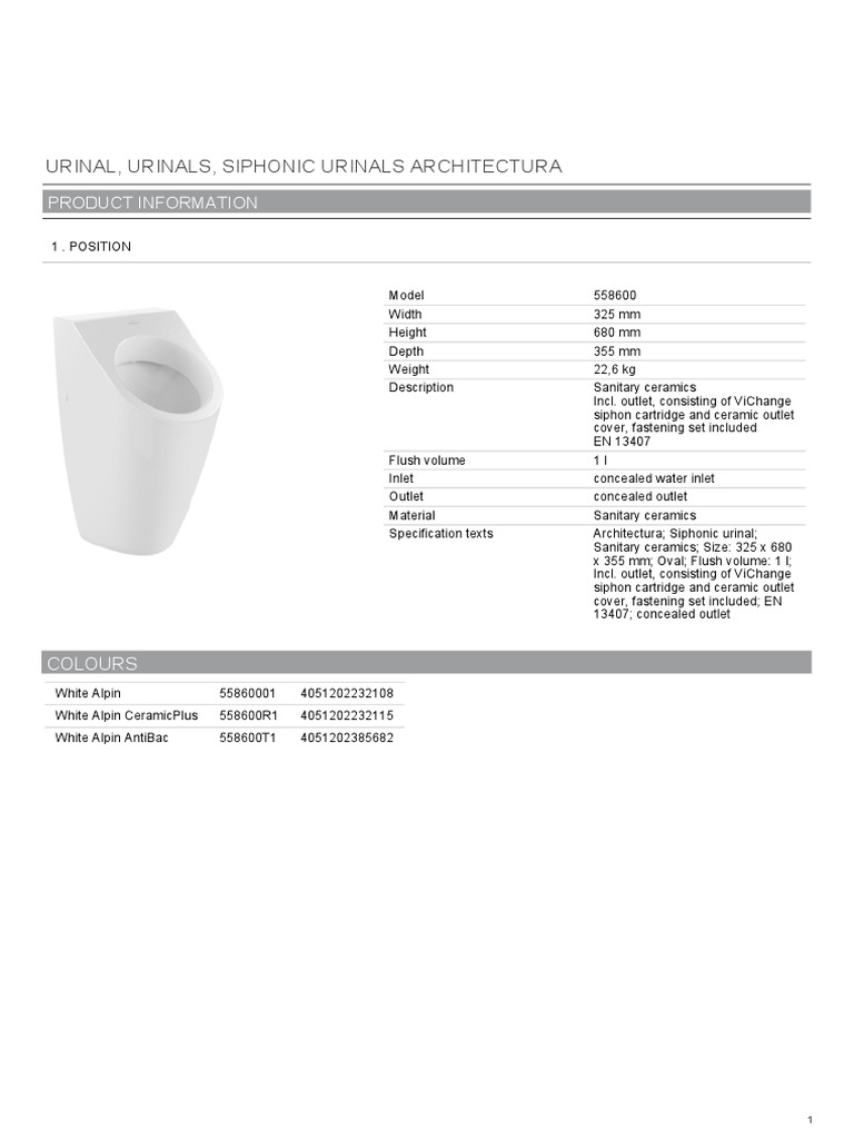 White Alpin Siphonic Urinal Model 558600 | PDF
