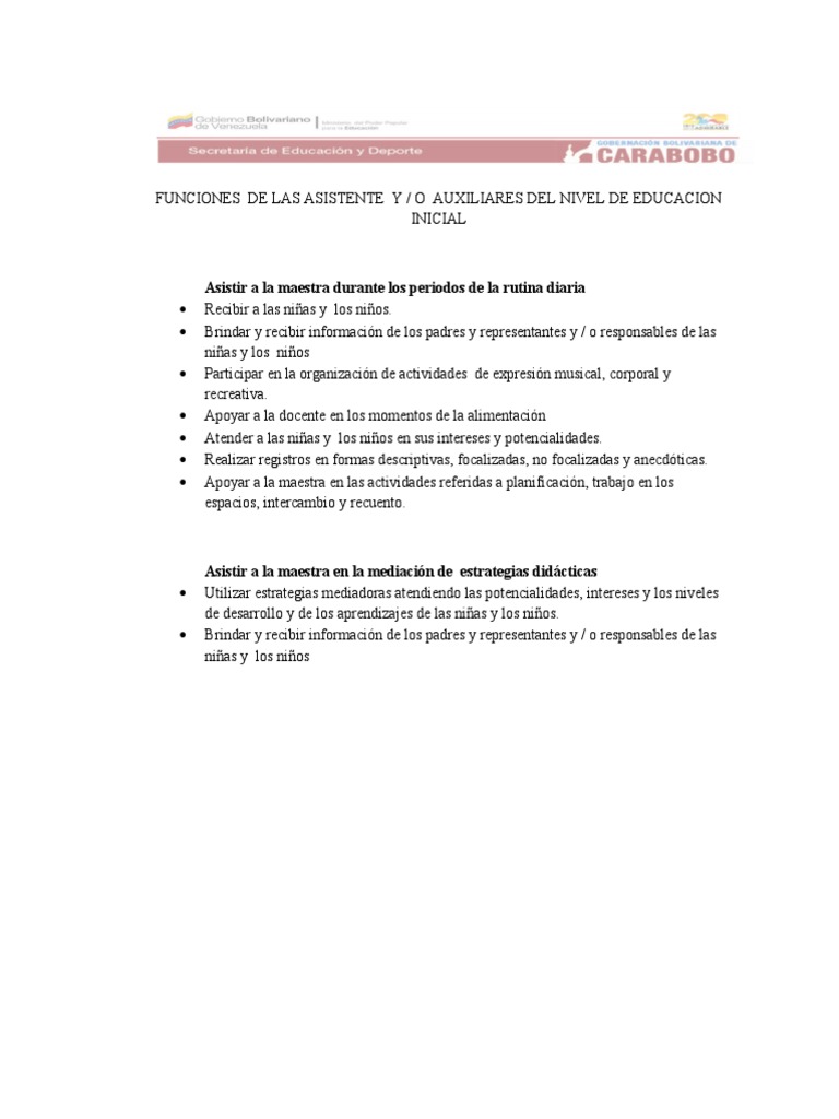 Funciones de Asistentes en Educación Inicial | PDF | Salud y bienestar