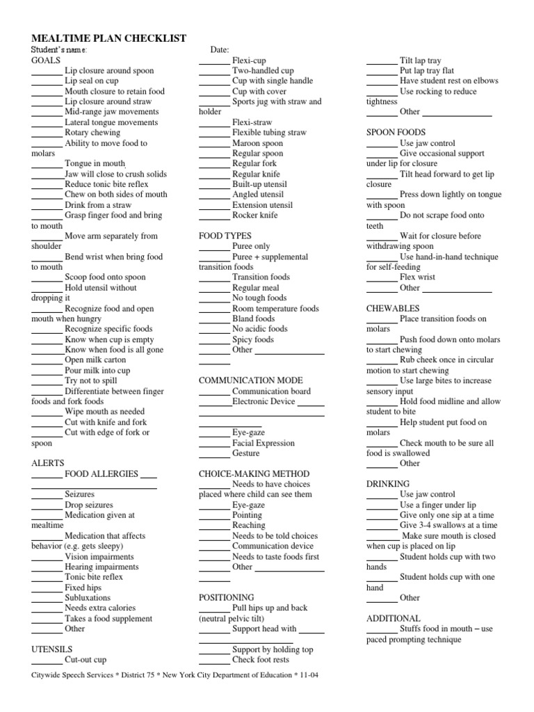 Mealtime Plan Checklist | PDF | Spoon | Mouth