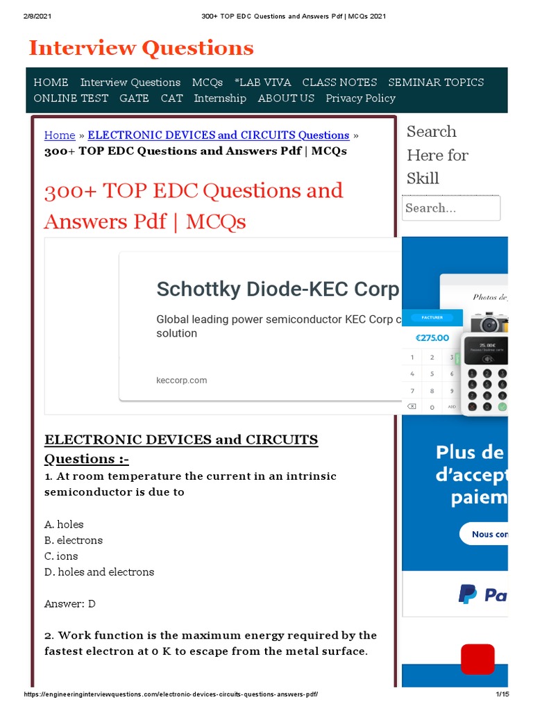 300+ TOP EDC Questions and Answers PDF MCQs 2021 PDF PN Junction