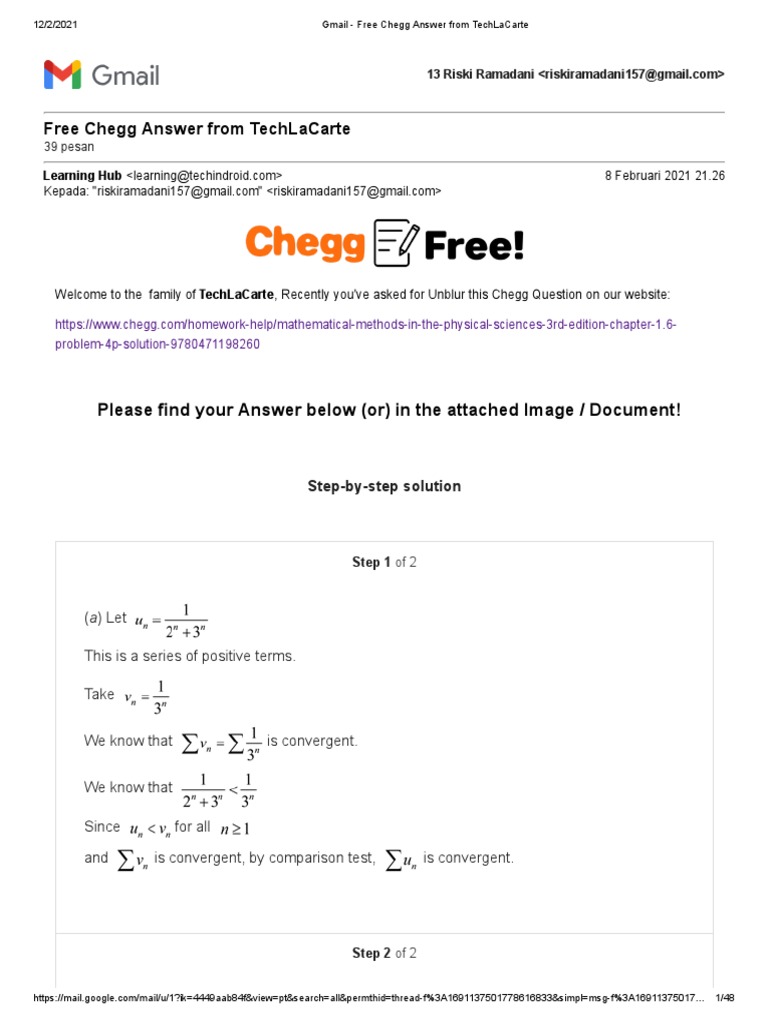 Gmail Free Chegg Answer From Techlacarte Series Mathematics Integral