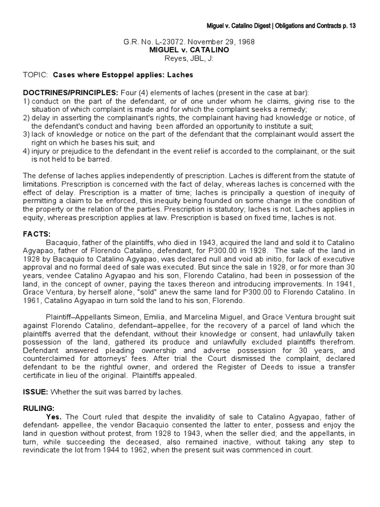 17 Miguel v. Catalino Digest PDF Laches (Equity) Statute Of
