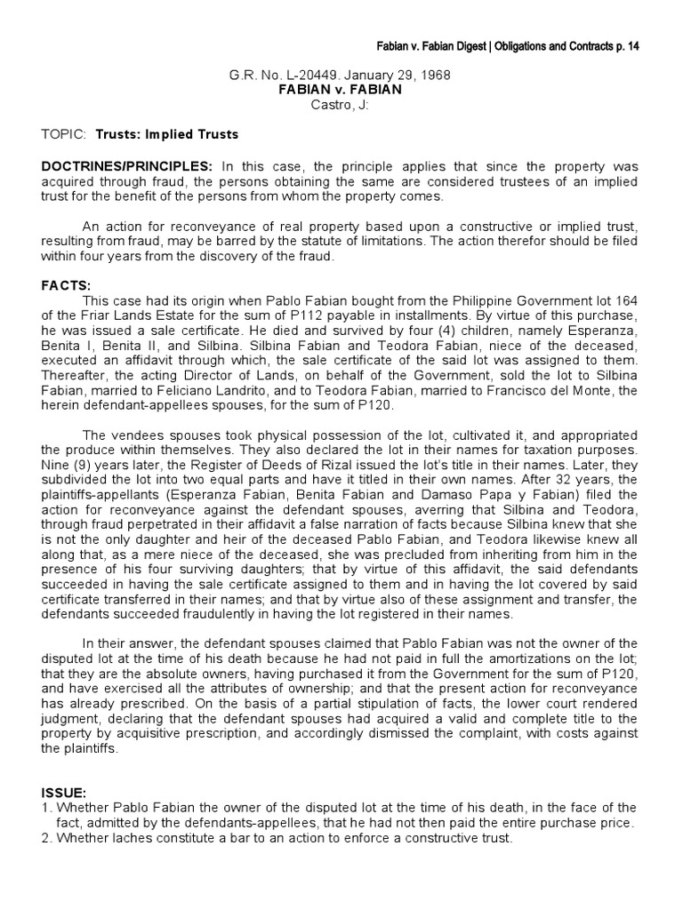 Fabian V. Fabian Fabian v. Fabian Digest Obligations and Contracts P