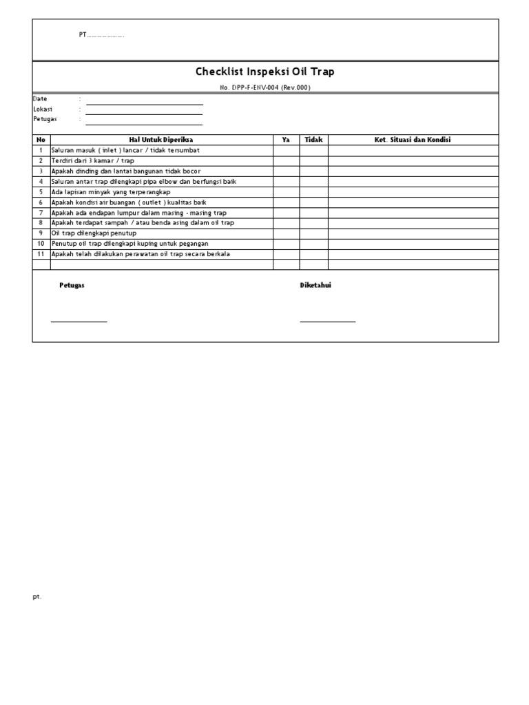 Checklist Inspeksi Oil Trap Bengkel | PDF