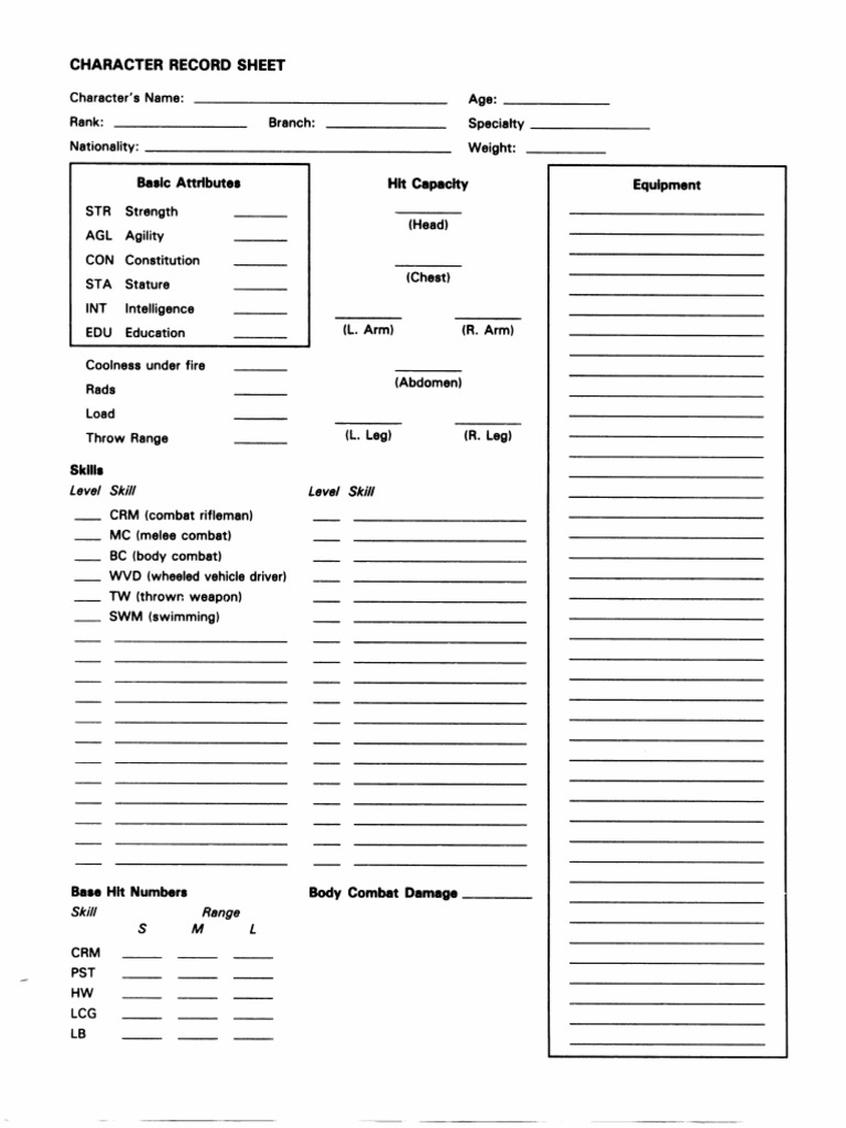 Twilight 2000 Character Record Sheet Fillable | PDF