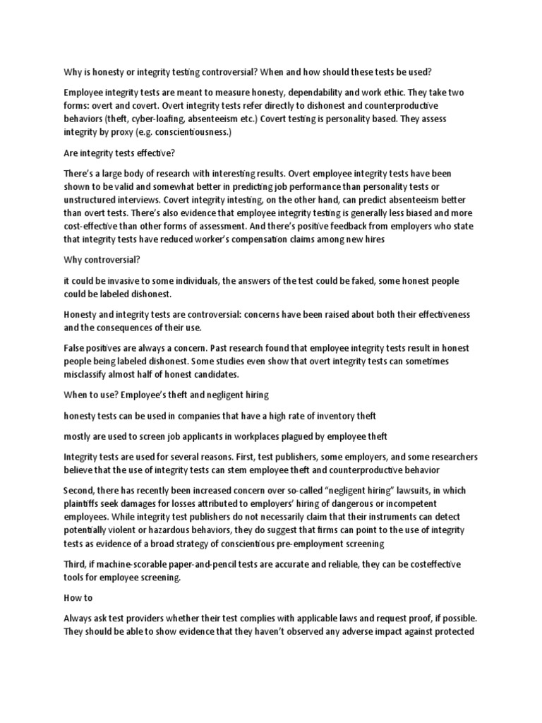 Integrity Testing in Employment Contexts | PDF | Integrity | Validity ...
