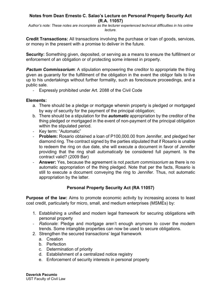 Notes from dean salaos lecture on personal property security act pdf