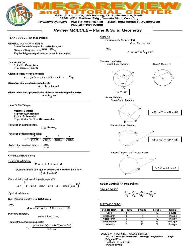 Solid Geometry Key Points for Grade 10 | PDF | Triangle | Area