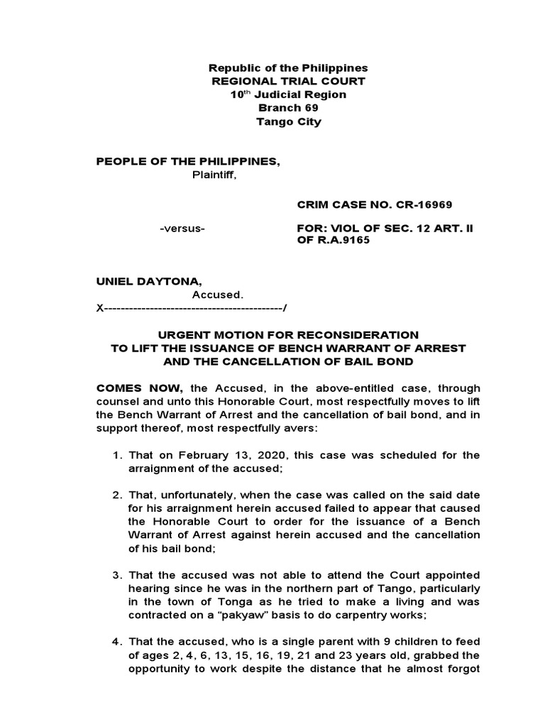 Motion To Lift Bench Warrant (Daytona) PDF Arrest Arrest Warrant